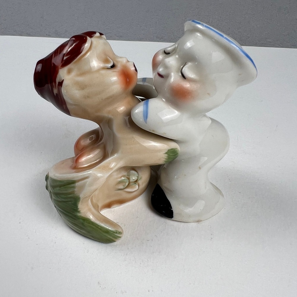VTG Van Tellingen Salt Pepper Shakers 1940s Mermaid Sailor Kissing Ceramic 4in